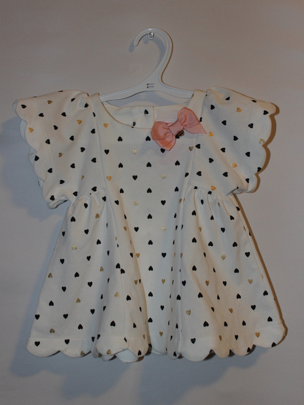 Isaac Mizrahi White Baby Dress with Black and Gold Hearts and Pink Bow